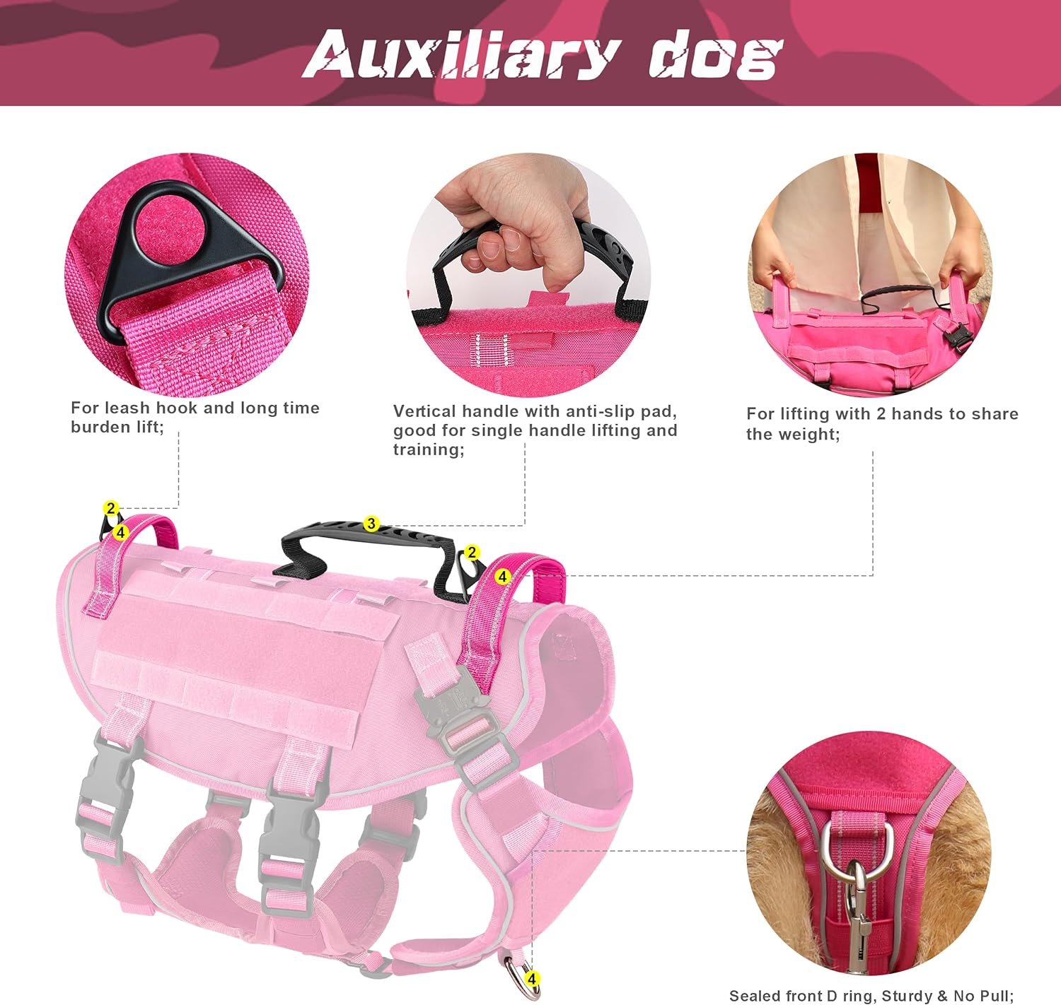 PET ARTIST Reflective Tactical Dog Vest Harness with Handle Clip - German Shepherd Harness - Adjustable Dog Tactical Harness Hot Pink for Medium Large Dogs M