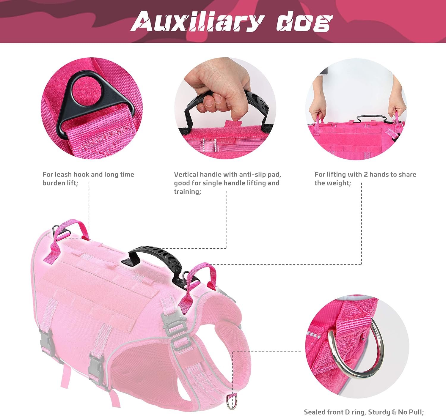 PET ARTIST Reflective Tactical Dog Vest Harness with Handle Clip - German Shepherd Harness - Adjustable Dog Tactical Harness Hot Pink for Medium Large Dogs M